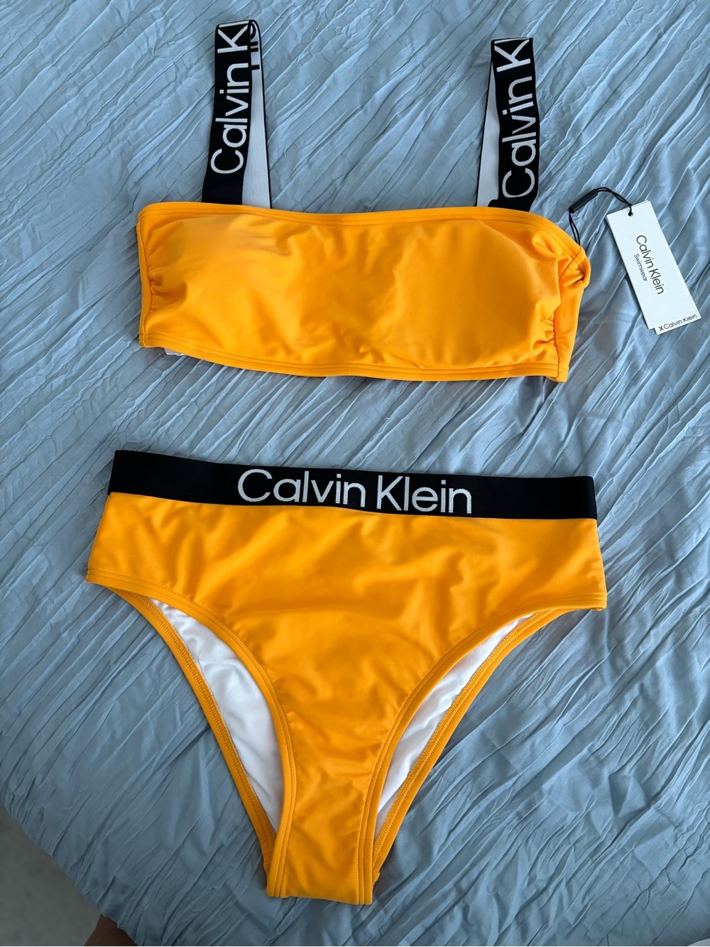 Calvin Klein Women Yellow Orange Black  Bikini Set Logo Waistband